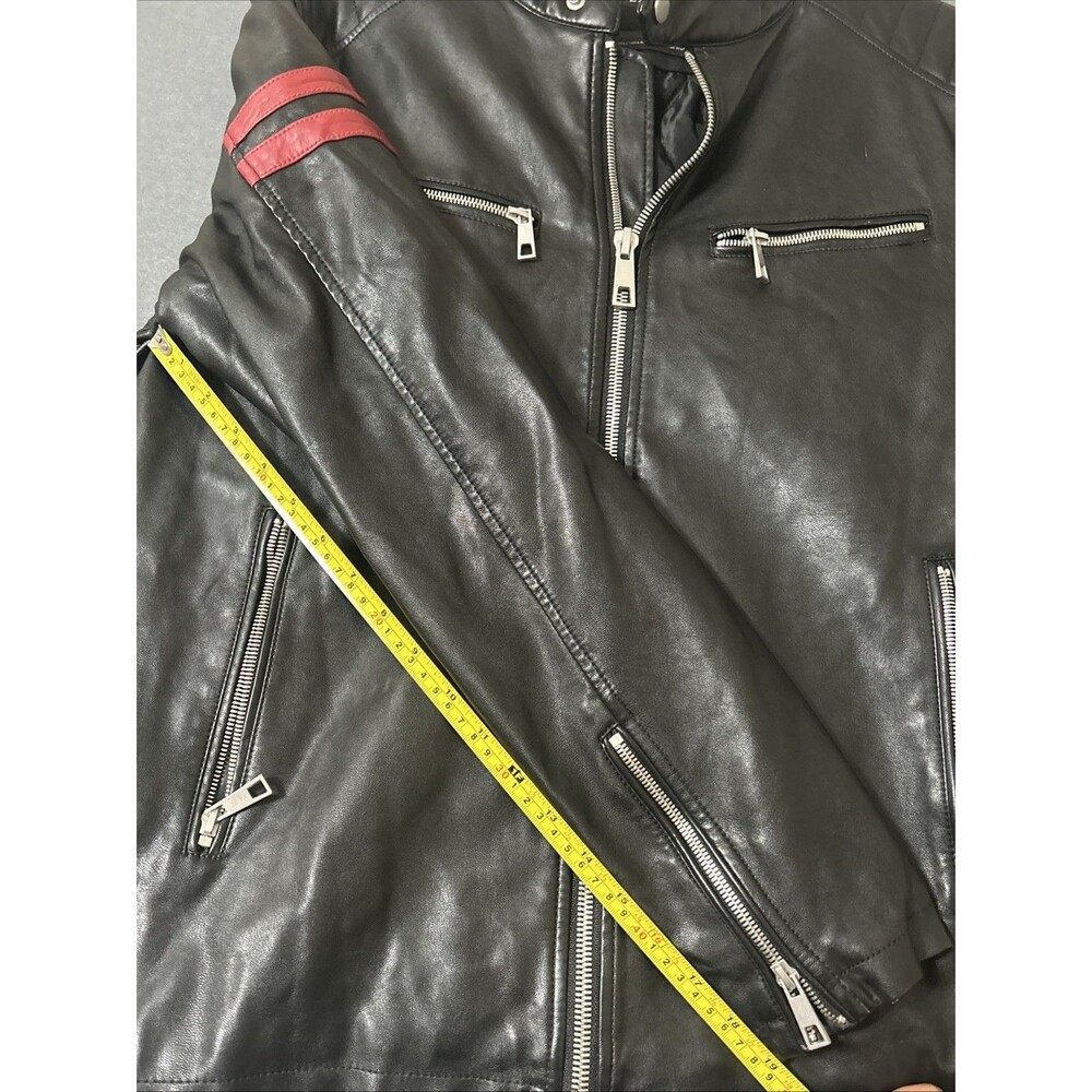 Zara Man Black Faux Leather Moto Biker Jacket Red Stripes Men's Size L Large - Picture 4 of 10